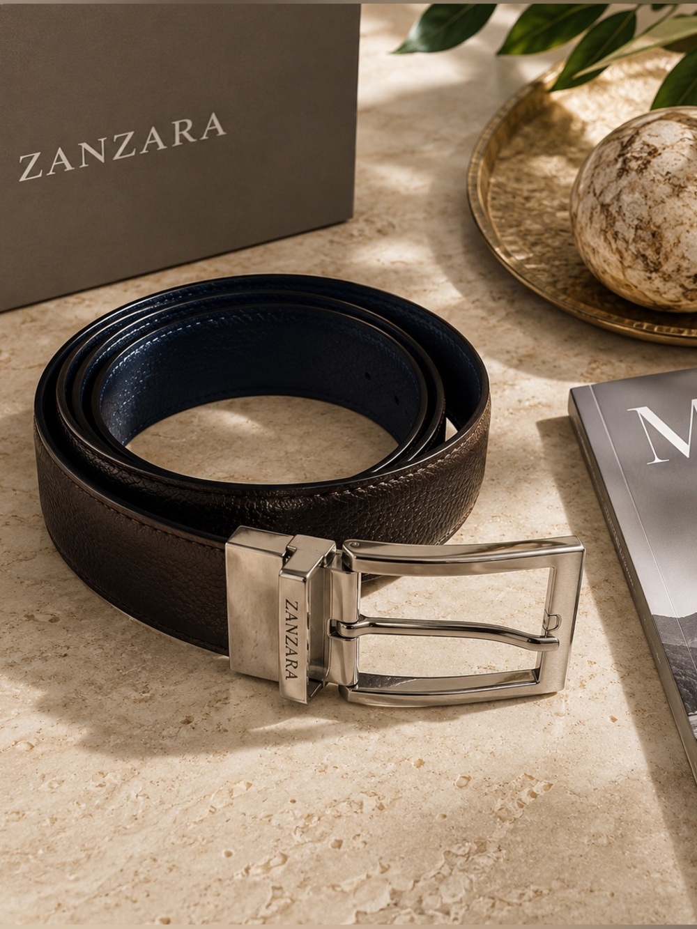 Zanzara Mens Reversible Leather Belt Brown Navy Blue Silver Buckle Size 40